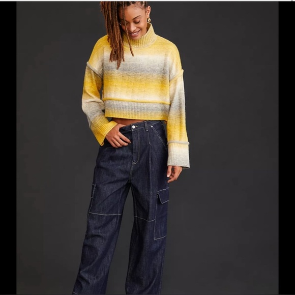 Pilcro Anthropologie Mock Neck Yellow Gray Ombre Knit Crop Pullover Sweater XS - Picture 3 of 16